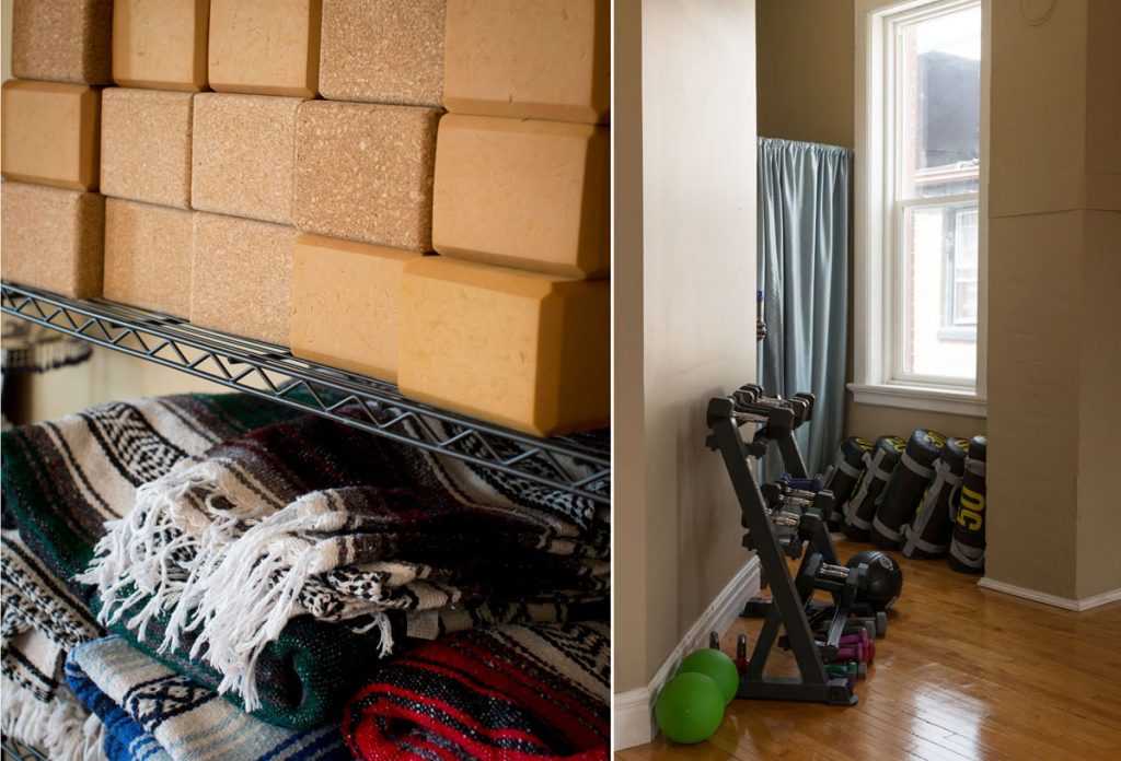 Blankets, blocks and weights for particpants to use without fee.